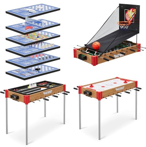 MUWO Masterplay 12-in-1 Multigame Spieletisch | Tischkicker, Air Hockey, Tischtennis & mehr | Stapelfunktion für platzsparende Lagerung | Zubehör für alle Spiele (Braun)