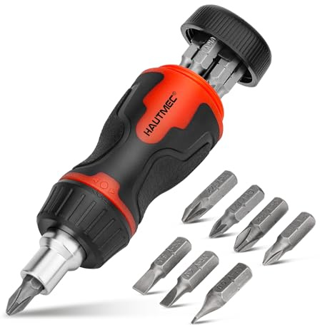 HAUTMEC 8-in-1 Stubby Ratcheting Screwdriver Set, Multi Screwdriver Tool All in One, Ratchet Short Screwdrivers Set with Multi Bit Screw Driver for Use in Confined Space, Chrome Vanadium Steel Shaft