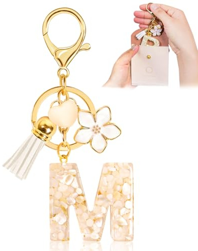 Porte-clés pour Fille Lettre, Porte-clés pour Femme avec Lettre Initiale, Alphabet Pendentif Initiale en Résine, Keyring avec Pendentif Amour et Pampille, Cadeau pour Femme (M, White)