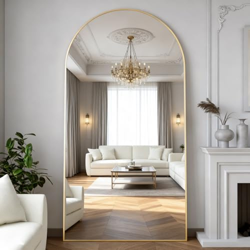 Elemango 198x96cm Arched Floor Full Length Mirror Full Body Wall Mirror with Aluminum Frame Arched-Top Full Dressing Mirrors Standing Hanging or Leaning for Bedroom Living Room, Gold