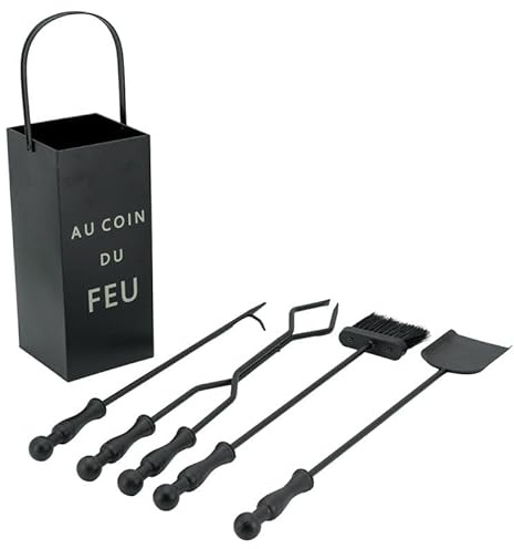 Siervo de Chimenea En la esquina del fuego Elegante de metal negro, juego de 4 accesorios con soporte, 72 cm, pala, escoba, pinza y Tisoner
