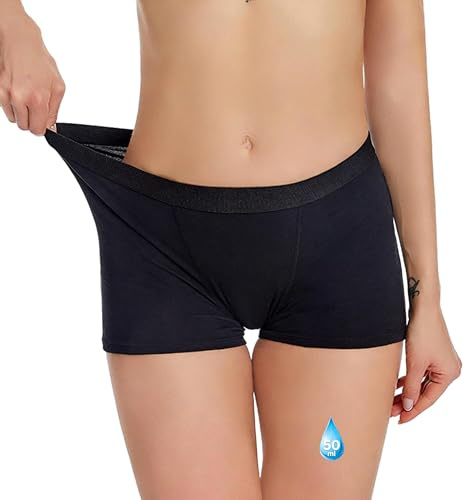 ADUDVLO Period Pants Heavy Flow Menstrual Boxer Shorts Anti Chafing Shorts Under Dress Anti-side-leaks Boxer Underwear (UK, Alpha, M, Regular, Regular, Black)