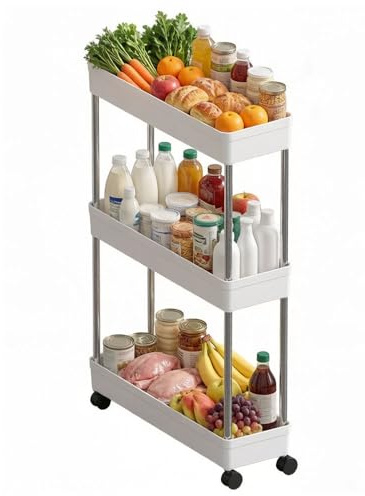 3-Tier Slim Storage Trolley Cart Slide-out Rolling Utility Mobile Shelving Space Organizer Shelf Rack Storage Cart on Wheels for Kitchen Bathroom Laundry Room Narrow Places (3-Tier, No Armrest)