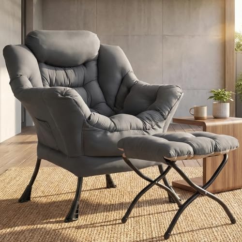 Clevich Sillón de orejas con taburete, silla Lazy Chair, Sillón moderno para salón con bolsillo lateral y reposapiés, silla de lectura, cómodo sillón de salón para salón, dormitorio, oficina (gris