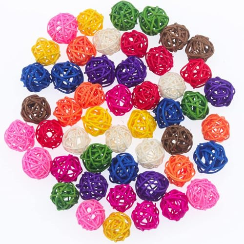Ervoxo 40 st Rattanklot Bird Toy Ball Wicker Rattan Ball Bite Chew Toys Vogel Kauspielzeug Färgglada Rattanklot Papegojleksaker för DIY för Papegojor, Bird Leksak, DIY Hantverk, (Färg)