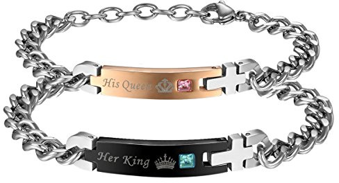 Cupimatch 2pcs CZ His and Hers Couple Bracelets Set, Adjustable Titanium Stainless Steel Always & Forever Forever & Always Love Matching Bracelet Jewelry Set for Valentine's Day (His Queen Her King)