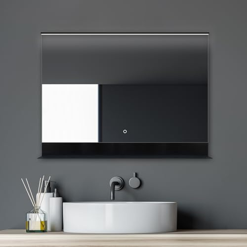 Talos Badspiegel mit Beleuchtung Black Home - Badezimmerspiegel in 80 x 60 cm - Badspiegel mit praktischer Ablage