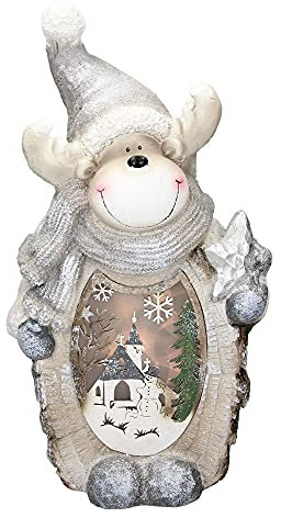 ECD Germany Statuetta Renna con Illuminazione LED 51cm Bianco Caldo Statua Luminosa con Cappello Grigio e Sciarpa Aspetto Legno a Batteria Decorazione Figura Natalizia Ornamento da Tavolo per Interni