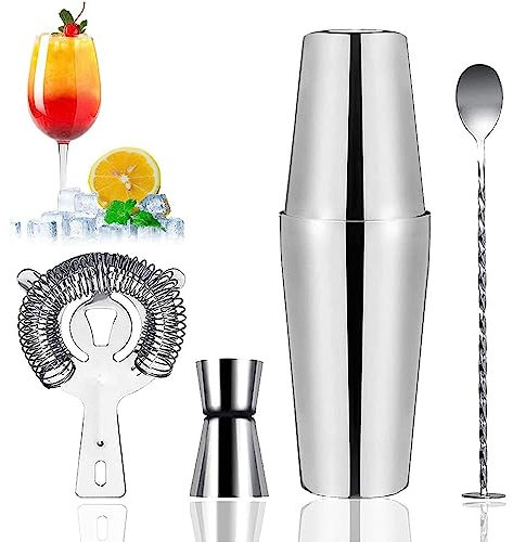 Set di 5 Shaker da Cocktail, in Acciaio inox, per Cocktail e Cocktail, per Shaker Boston, 750 ml, 500 ml, con Misurino e Colino, Adatto per Casa, Barista, Bar, Feste
