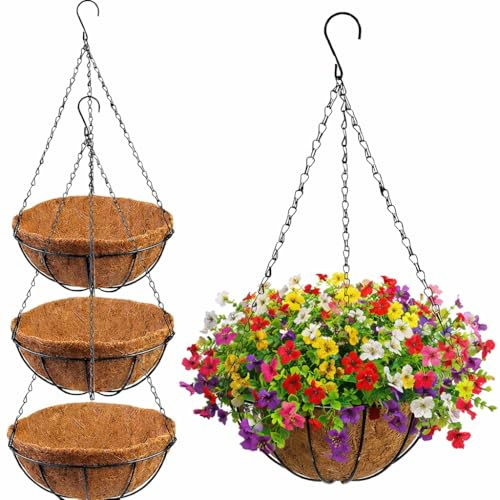 DIVCHI 4 Pack Hanging Basket With Coco Liner & Chain Hanging Flower Pots For Indoor Outdoor Garden Porch & Patio (30cm)