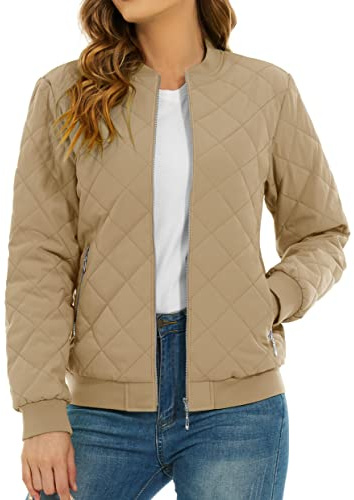 TACVASEN Lightweight Jacket for Women Casual Bomber Jacket with Pockets Sport Baseball Jacket Varsity College Jacket,Khaki,M, (TAC-507-L23W904-khaki-L)