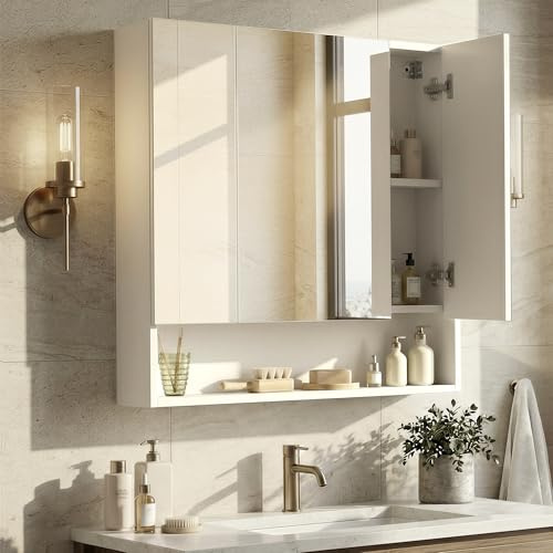 VASAGLE KAILYN Collection - Medicine Cabinet Mirror, Bathroom Wall Mirror Cabinet with Storage, Open Compartment, Adjustable Shelves, 6.5 x 27.6 x 29.5 Inches, Cloud White UBBK129W01