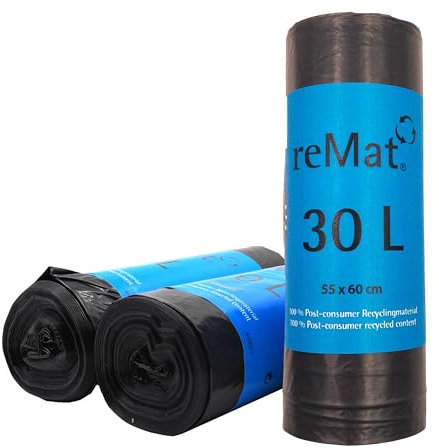 reMat Müllbeutel 30l aus 100% Post-Consumer Recyclingmaterial (PCR), 20 Mülltüten pro Rolle, Reißfest, Geruchsneutral, Ideal für die Restmüll oder die Wertstoffsammlung