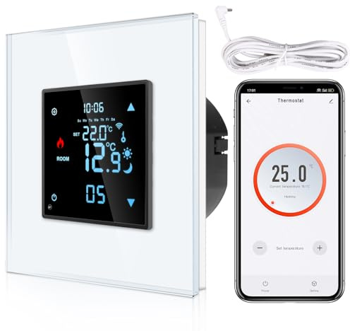 CNBINGO Smart termostat infälld med givare, WLAN-rumstermostat vit | Digital väggtermostat för vatten, golvvärme och panna, kompatibel med Alexa/Google Assistant, programmerbar