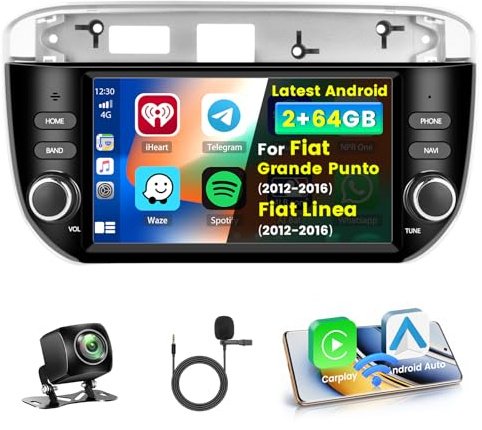 Inefala 2+64G Stereo per Fiat Grande Punto 2012-2016/Fiat Linea 20 Android 15 con Wireless CarPlay Android Auto, 7 Pollici Auto Radio Soporta Bluetooth WIFI GPS FM DSP SWC AHD Telecamera Posteriore