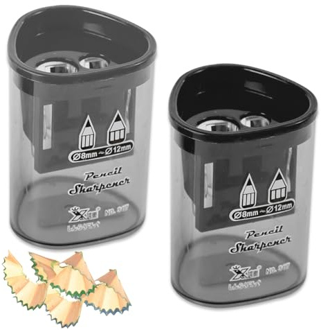 2 PCs Pencil Sharpener with Container,Dual Holes (8mm, 12mm) Pencil Sharpener for Kids,Adults,School, Home and Office Lip Liner,Eyeliner,Eyebrow,Make Up,Sharpener-Red and Blue (Black)