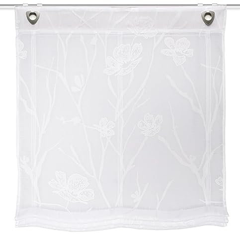 HOME WOHNIDEEN Raffrollo Rory, halbtrasparenter Ausbrenner, inkl. Ösen und Haken, Farbe:Weiss, Größe:130 x 80 cm, Anzahl:1x