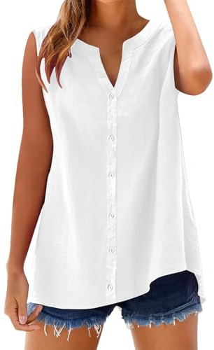 Débardeur en Coton Et Lin Femme T-Shirt sans Manches Col Rond Respirant Top Fluide Chemises Chic Et Elegant Léger Entraînement D'été Haut pour Fitness Yoga Running Décontracté Tuniques