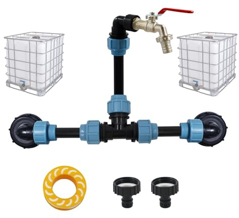 CeyKvo Juego de conexión IBC para 1-2 tanques de agua de lluvia – con cuello de cisne de 3/4, con o sin caño contenedor, para tanques de agua de lluvia, cubos, barriles de lluvia, contenedores IBC