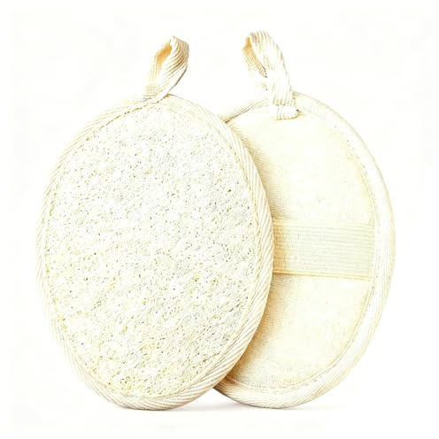 2Pcs Natural Loofah Sponge, Reusable Exfoliating Scrubber Mitts, Skin BathLoofah, Shower Body Exfoliator Scrubbing Pads for Face/Body/Back, Gentle Skin Care Bath Accessories (Beige)