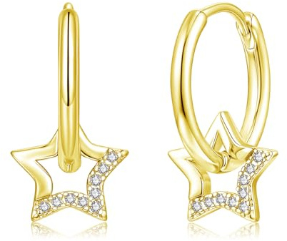 Cangall Gold Drop Hoop Earrings for Women, 925 Sterling Silver Star Dangle Hoop Earrings, Minimalist Hypoallergenic Dainty CZ Cute Star Charm Cartilage Sleeper Silver Huggie Earrings for Teen Girls