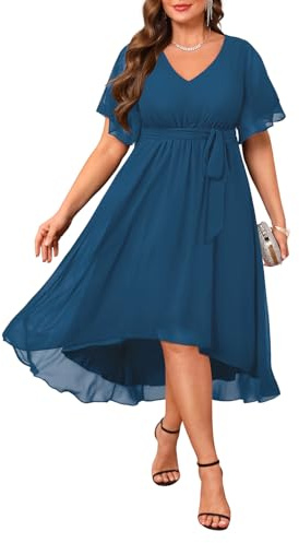 Talisea Plus Size Dresses Wedding Guest - Formal Cocktail Chiffon V Neck Short Sleeve High Low Dress Curvy Women, Teal, 24 Plus