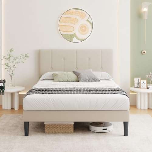 Vesgantti Linen Small Double Bed Frame with Adjustable Headboard, Solid Wooden Slats & Upholstered Platform, Easy Assembly, Noise-Free,Under Bed Storage, 4FT Small Double Bed, 120 x 190 cm, Beige