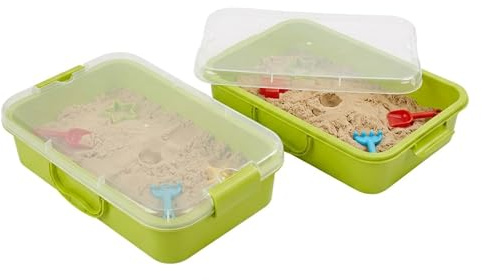 Relaxdays sandlåda med lock, 2-pack, plast, inomhus/utomhus, liten barnlek, 8 x 38 x 25 cm, ljusgrön