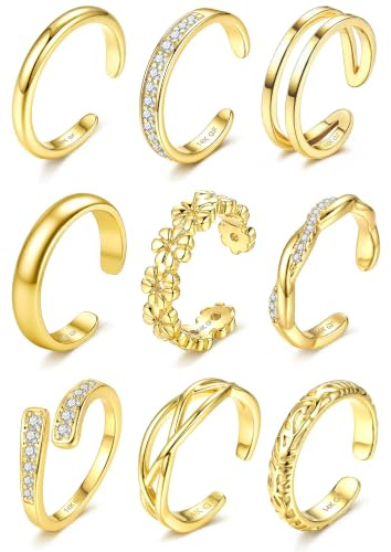 Minnario 9 Pcs Bagues d'Orteil Femme Bague de Pied Plaqué Or 14K | Anneaux d'Orteil Ouvertes Réglable,Bijoux de Pied Non Ternissant pour Été Plage