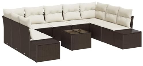 QJBSAVVA Juego de 10 sofás de jardín con cojines – Juego de salón de polirratán marrón – Conjunto modular de muebles de salón para jardín, terraza y balcón – Incluye mesa, banco de esquina y banco