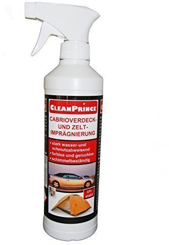 Cabrioverdeck- and Tent impregnating spray 500 ml by Clean Prince 0,5 Litre Cabrio Cabriolet Convertible Textile Weatherproofer Hood Car Tissue Waterproofing fabric Vorzelt Imprägnieren Means Of outside Outdoor Awnings Seam Sealing Nachimpraegnierung top colourless odorless stain resistant UV stable