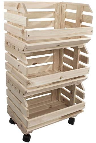 WooDeeDoo 3 Tier Wooden Vegetable Food Storage Rack | Multi-purpose Assembled Storage Box | Display Shelf Unit Trolley | Fruit Basket Kitchen Stand| Utility Stackable Potatoes Onions Container