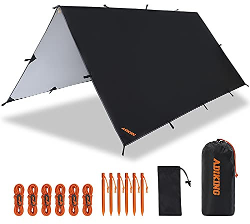 ADIKING Camping Zeltplane 3,2m x 3m wasserdichte Tragbare Tarp für Hängematte Leicht Anti-UV Regenschutz Sonnenschutz für Camping Wandern Outdoor-aktivitäten (Schwarz)