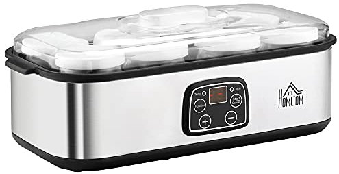 HOMCOM Yogurtiera Elettrica 25W con 8 Vasetti Inclusi, Timer 1-48 Ore e Temperatura Regolabile 20-50°C, 36x18.8x14cm, Argento