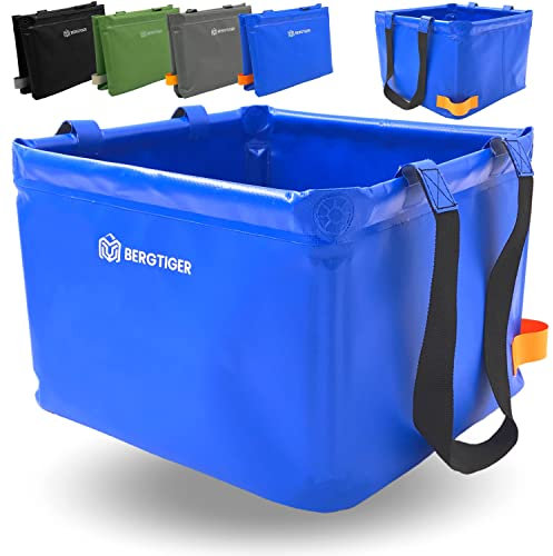 BERGTIGER® Faltschüssel Camping 18/22/26L mit EXTRA GRIFF I Faltbare Outdoor Spülschüssel & Spülwanne I Waschschüssel faltbar zum Abwaschen I robustes Camping Zubehör (Royalblau/Orange - 18 Liter)