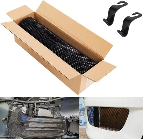 Aluminium Mesh Grille,100 x 33 cm,lackierte Loch Renngitter für Stoßstange, Wasserdichtes multifunktionale Grillgitterrolle, 3 x 6 mm rautenförmige Gitter + 2 Autositzhaken (Schwarz)