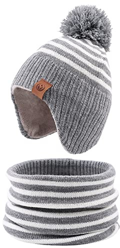 XIAOHAWANG Rayé Tricoté Bébé Bonnet Hiver Chaud Enfant Chapeau Classique Fille Garçon Bonnets avec Pompom Tout-Petit Chapeaux pour Activité de Plain Air(Gris(Chapeau+écharpe),9 à 24 Mois)