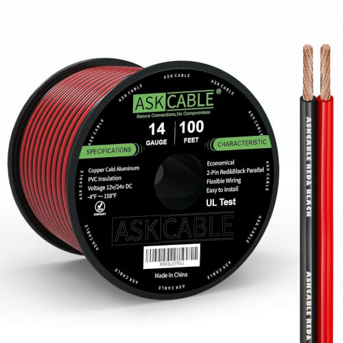 Askcable 14 Gauge Wire, 14 AWG Electrical Wire Cable, 2 Conductors Red Black Wire, Copper Clad Aluminum(CCA) Flexible PVC Extension Cord for Speaker, Hookup LED Strips, Automotive 12V/24V DC (100FT)