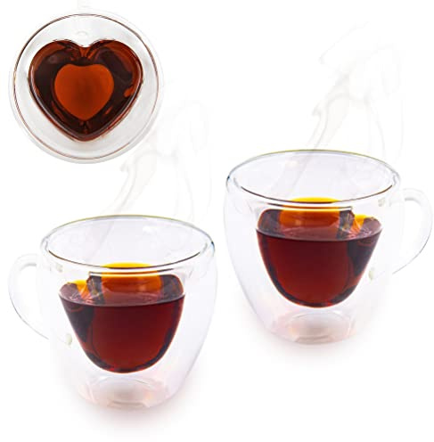 Blümelhuber 2 glas kopp-set dubbelväggiga glas i hjärtform – temugg kontor – cappuccinokoppar – kaffeglas – 200 ml kapacitet