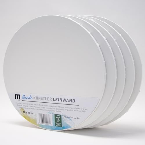 5er-Set Leinwand Canvas zum Bemalen in Rund-Form, 40cm Durchmesser. Leere, weiße Leinwand aus 100% Baumwolle ist umlaufend aufgespannt auf 16mm FSC® MDF-Rahmen, 280g/m², 2-fach weiß grundiert