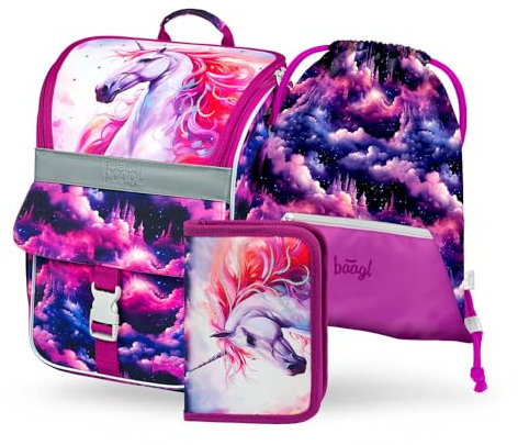 Baagl Schulranzen Mädchen Set 3 Teilig, Zippy Schultasche für 1. Klasse, Grundschule Ranzen Tornister mit Brustgurt, Ergonomischer Schulrucksack (Königliches Einhorn)