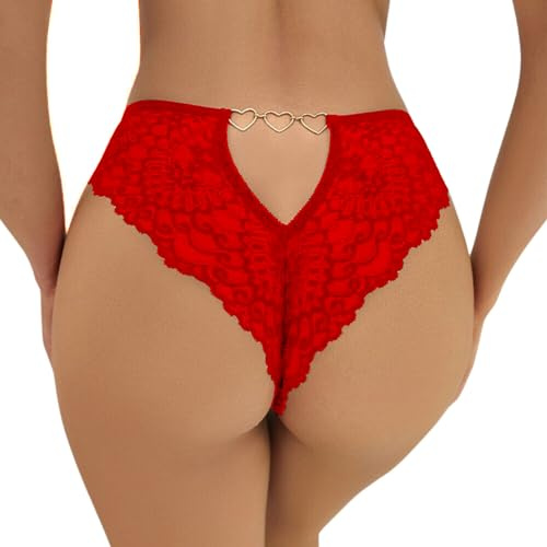 ROSVAJFY String Sexy Dentelle Femme Tanga Chic sous-Vêtements Culottes Creuses Au Dos Slip Transparent Taille Basse Lié à Un Anneau Forme Cœur Respirant Hot Panties Stretch Lingerie (Rouge, XL)