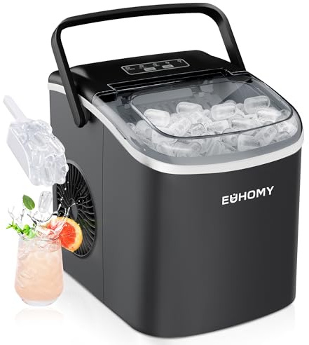 Macchina Ghiaccio 12kg/24h, EUHOMY Macchina del Ghiaccio Casa, 9 Cubetti in 6 Minuti, Autopulente, con Maniglia, Paletta, Cestello, Nero, 45dB