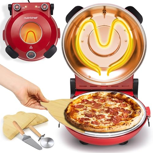NutriChef Forno Pizza Elettrico 30 cm Rosso con Termometro, Controllo Temperatura, Pietra Antiaderente 427 °C, Ideale per Pizza Fatta in Casa