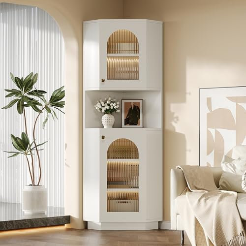 Merax Eckschrank Hochschrank mit LED - Beleuchtung, Eckregal Standregal mit 2 Ablagefächern, Badezimmerschrank mit Verstellbaren Einlegeböden, für Wohnzimmer, Badezimmer, Weiß, 45x45x166,5 cm