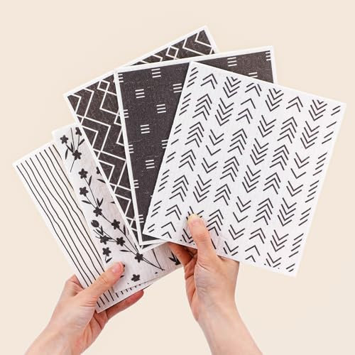 Mabor 5 paños de cocina suecos para cocina, trapos geométricos, lavables, reutilizables, toallas de papel de limpieza absorbentes, paños de cocina