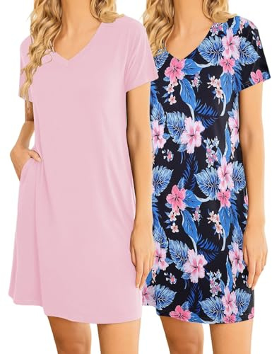 Ekouaer Lot De 2 Chemises De Nuit pour Femme, Col en V, Manches Courtes, Robe Pyjama Simple À Fleurs avec Poches S-2XL