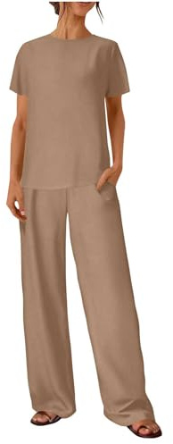 Set di Due Pezzi di Lino Estate Offerta Completo Casa Larghi Taglie Forti Curvy Tuta Elegante Camicia + Pantaloni Lino Completa Larghi Tuta Estiva Confortevole Due Pezzi Regalo per Primavera e Estate
