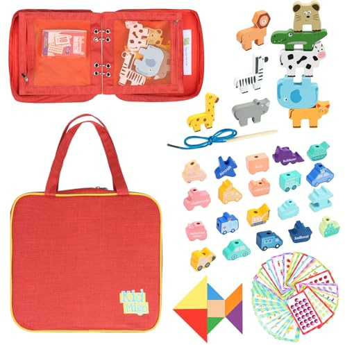 KidMigo Reisespielzeug mit Aufbewahrung – 4-in-1 Montessori Spielset mit Fädelspiel, Tangram, Stapelspiel & Lernkarten Kinder – Tragbare Spielzeug Tasche für Reisen, Auto & Restaurant