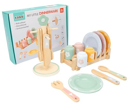 LUPATDY Set di stoviglie da cucina per bambini, 22 pezzi, in legno, accessori per la cucina dei bambini, servizio da tè per bambini, in legno, giocattolo educativo per giochi di ruolo, Montessori